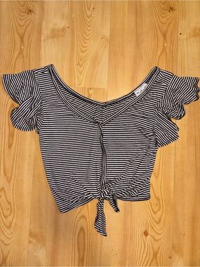 Gaze Black & White Striped Tie-Front Crop Top
